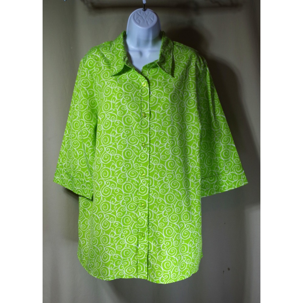 Blair Womens XL Lime Green Swirl Print Button Down 3/4 Sleeve Shirt Top
